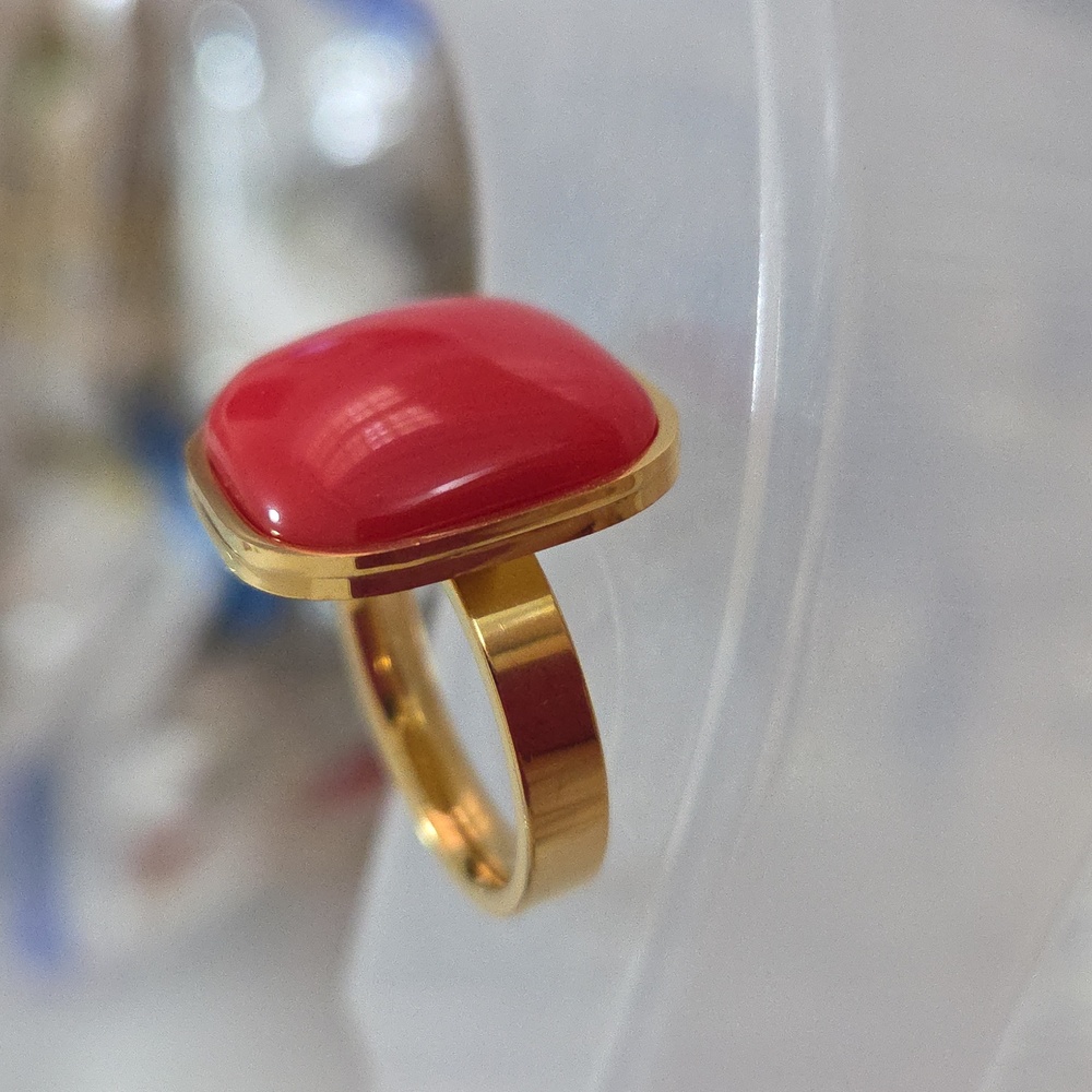 18K Gold Plated Red Stone Ring Stainless Steel Bold Statement Women